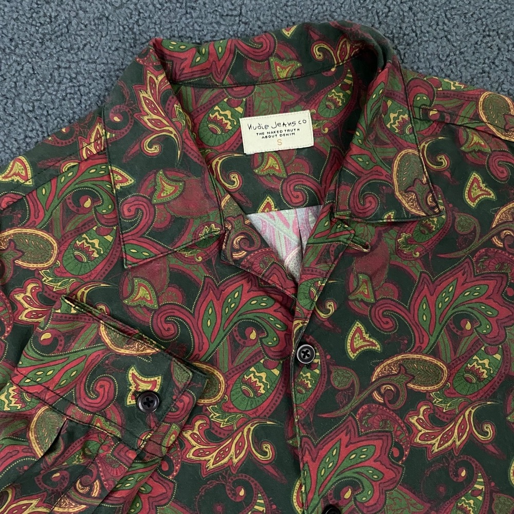 Nudie Jeans Shirt Mens Small Vidar Paisley Print Loop Camp Collar Long Sleeve